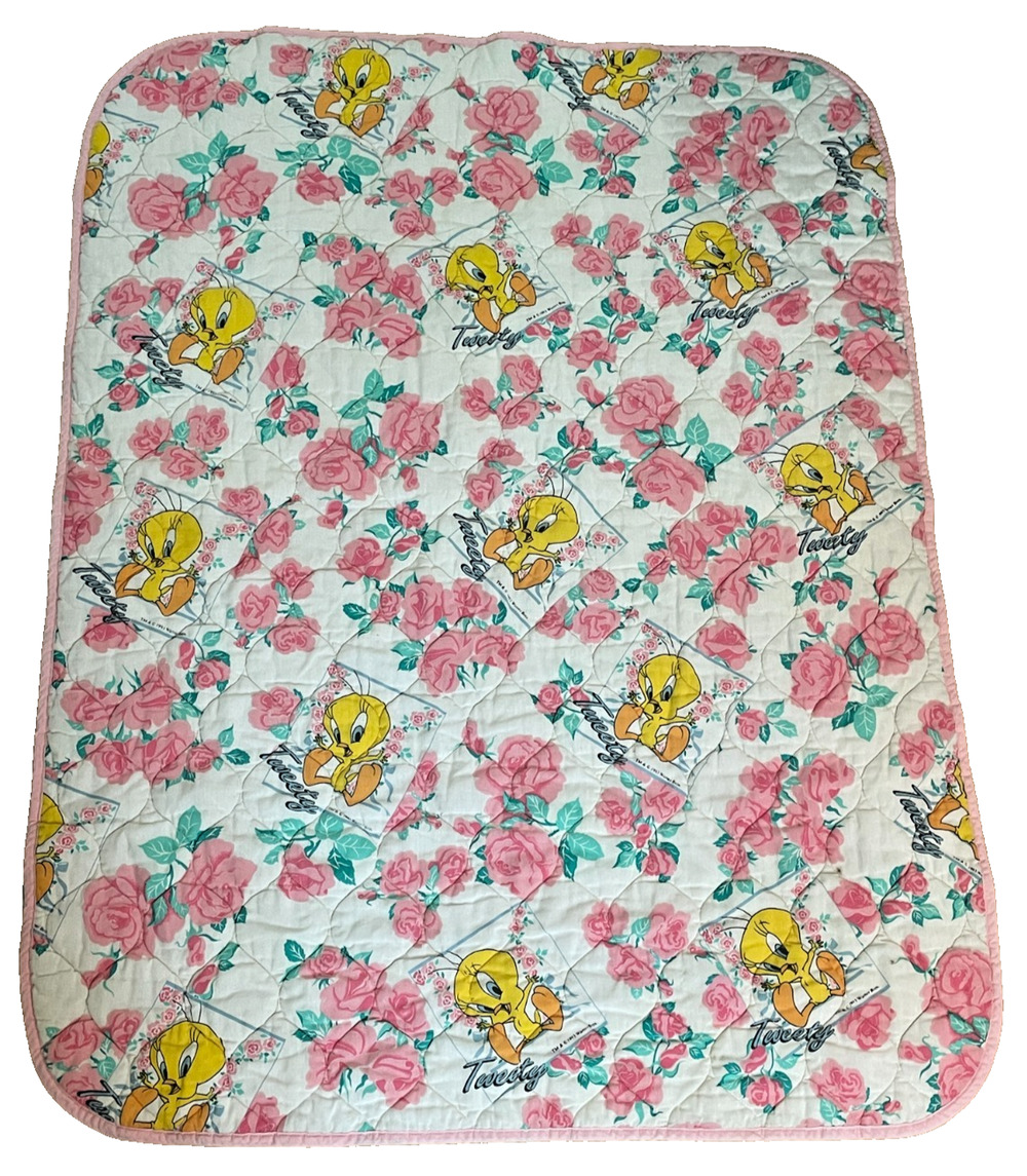 1993 Vtg Warner Bros Baby Looney Tunes Tweety Roses Gerber Blanket 50 x 39 in